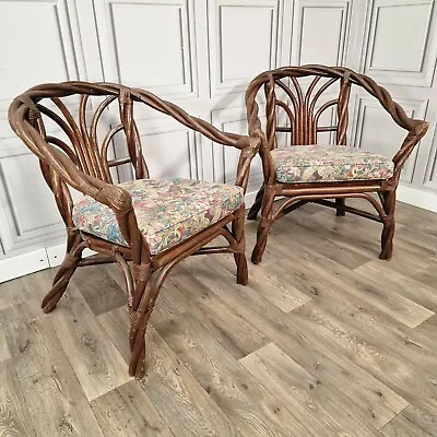 Retro Piair X2 Twisted Bamboo Wicker Cane Tub Arm Chairs Seats - Boho Tiki Twist • £189.99