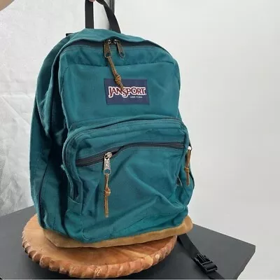 Vintage 90s Jansport Suede Leather Bottom Backpack Book Bag Made In USA TEAL • $39.20