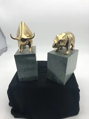 Vintage Mid Century Modern Wall Street Bear Bull Marble Brass Bookends Set • $119