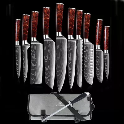 12PC Red Japanese Kitchen Knives Set Damascus Pattern Chef Knife Set Knife Block • $30