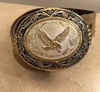 Montana Silversmiths Ornate Oval Belt Buckle Bald Eagle Silver On Suede Belt • $65