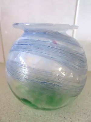 Small Round Lipped Art Glass Vase Blue/green Swirls 3.1/2  Tall Collectable • £2