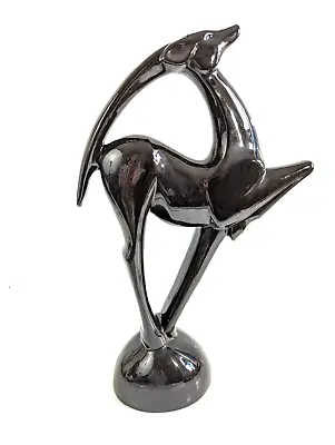 Royal Haeger Gazelle Antelope Sculpture Black Gloss Art Deco Original Label Base • $145