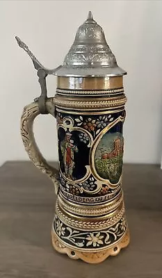 Vintage German Beer Stein Pewter Lid Musical Glazed Ceramic 11” As Is • $20