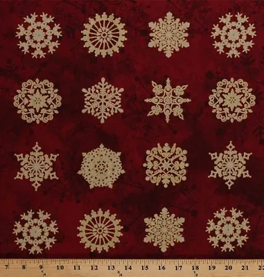 Cotton Snowflakes On Red Christmas Metallic Fabric Print By The Yard D579.40 • $10.95