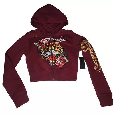 NWT Ed Hardy Retro Tiger Cropped Zip Hoodie Women's Maroon Sweatshirt XS Y2K • $39.99