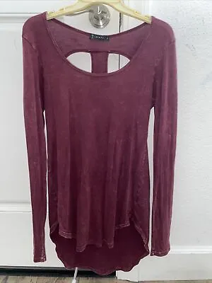 T Party Burgundy Acid Wash Cotton Long Sleeve Tunic Top L Keyhole Hi Low Blouse • $15