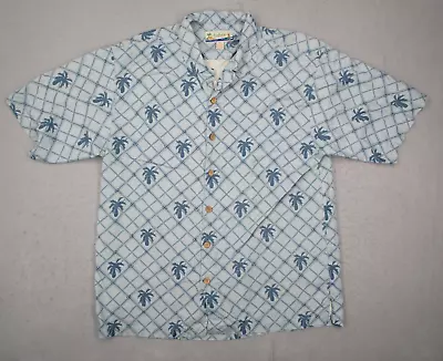 Vintage Kahala Shirt Mens Extra Large Blue Silk Button Up Hawaiian Palms Tiki • $25.99