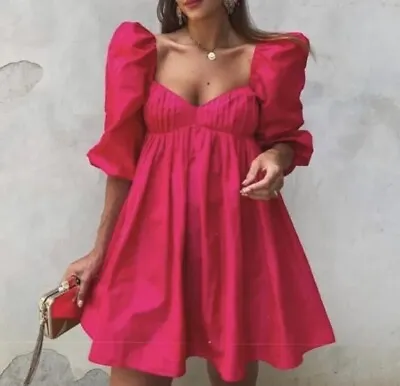 $60 • Buy Zara Taffeta Puffed Sleeve Mini Dress Hot Pink Size M