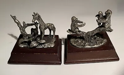 Pair Of Miniature Animal Figurines Metal On Wood Base Giraffes Monkeys  • $19.99