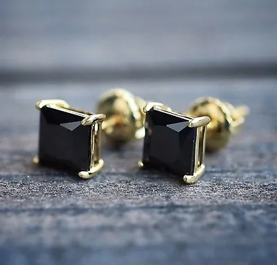 Small 14k Gold Plated Mens 925 Sterling Silver Hip Hop Black Onyx Stud Earrings • $10.99