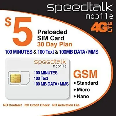 Speedtalk Phone SIM Card Kit Talk Text 5G 4G LTE Data Cellphone Plan 30 Days • $5