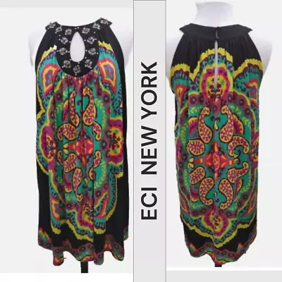 ECI New York Dress Womens 10 Stretchy Sleeveless Multicolor Jewels Paisley Black • $27.75