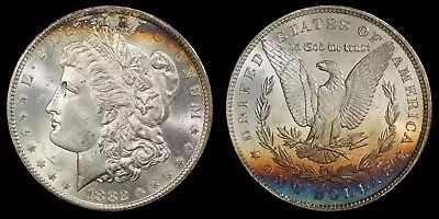 Rainbow Toned 1882-CC $1 Morgan Silver Dollar MS64 • PCGS Gold Shield + TrueView • $449