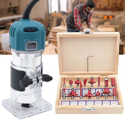 800W 110V Wood Palm Router Tool Kit Compact 30000RPM With 15 Router Bits Set • $51.50