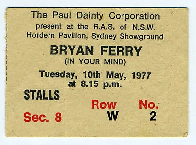 Bryan Ferry Rare 1977 Hordern Pavilion Sydney Australia Concert Ticket Stub • $160