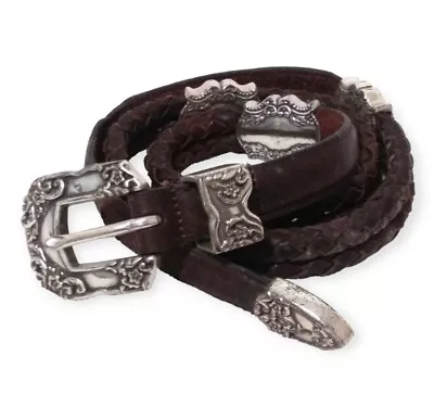 Vintage WOOLRICH Braided Brown Leather Belt With Silver Hardware Cowboy LARGE • $22.99