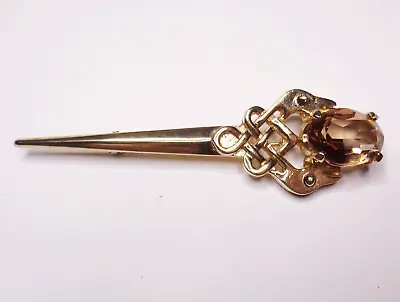 Vintage Signed C J Scottish Celtic Gold Tone And Faux Cairngorm Sword Brooch • £9.99