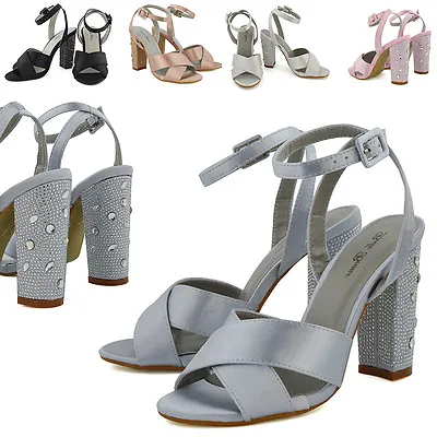£9.99 • Buy Womens Bridal Strappy Sandals Diamante Heel Ladies Satin Ankle Strap Party Shoes