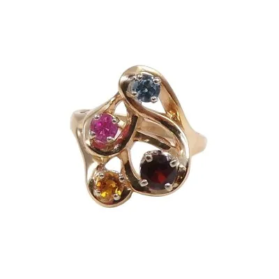 Solid 14K Yellow Gold Multi Color Gemstone Red Garnet Blue Topaz Ring SIze 6.5 • $483.99
