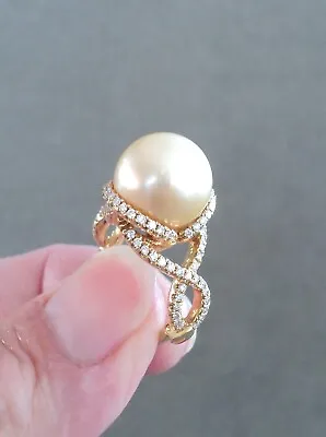 MING'S Vtg 18K Y GOLD & 13mm South Sea PEARL RING Wrapped In DIAMONDS Size 6.25 • $899.95
