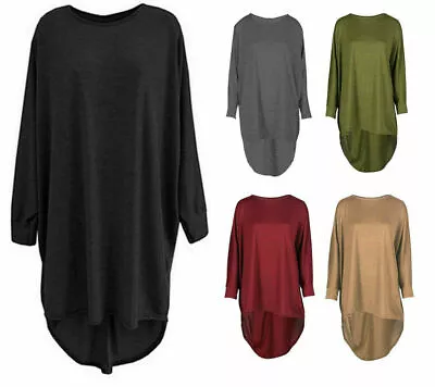 Women Plain Oversized Long Sleeve Batwing Dip Hem Baggy Ladies Loose Top Plus • £8.49