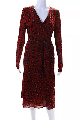 Cabi Womens Semi Sheer Animal Print Long Sleeve Wrap Midi Dress Red Size M • $54.89