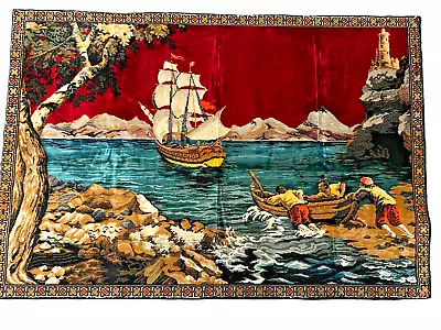 Antique Vintage Velvet  Tapestry Fisherman • $84.95