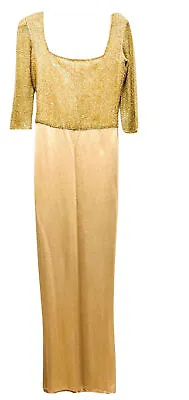 Vintage ~Halston 90s Antique Gold 3/4 Sleeve Glass Beaded Maxi Evening Gown SZ 8 • $299