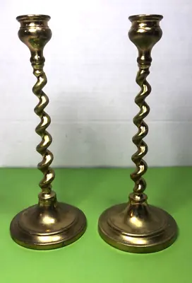 Pair Of Vintage Brass Barley Twist Candle Holders 8 Inch Spiral Candlesticks • $34