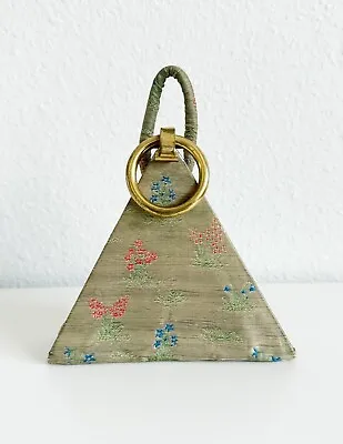 Vintage Purse - Art Deco Silk Box Triangle Purse - Powder Puff & Compact Mirror • $150