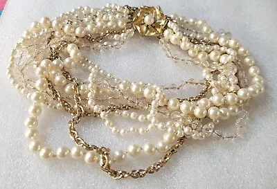 Vintage Multi Strand Faceted & Faux Pearl Beads Bib Necklace W/ Floral Clasp • $23.24