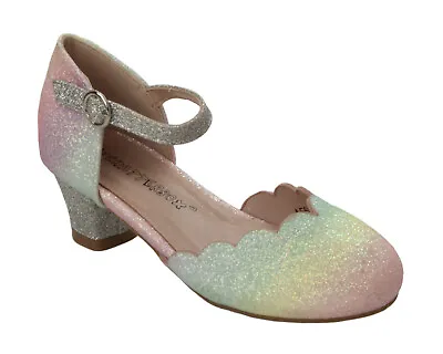 Girls Multicolour Glitter Low Heel Bridesmaid Party Fancy Dress Shoes Size 8-2 • £12.99