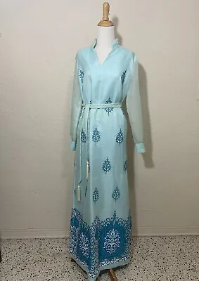 Vtg Alfred Shaheen Hostess Dress Size 14 Blue Medallion Floral Sheer Sleeve • $99.99