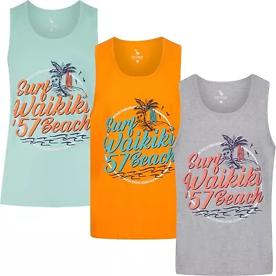 Men's Printed Vest Tank Top Sleeveless T Shirt 100% Cotton Regular Fit Holiday • £8.95