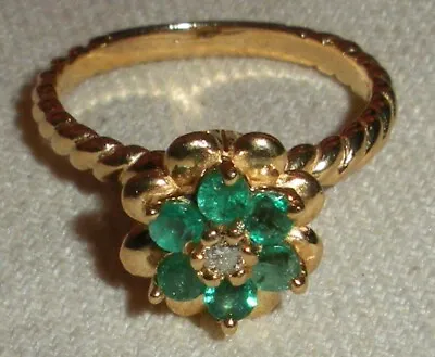 VINTAGE 14K GOLD EMERALD & DIAMOND TULIP FLOWER ENGAGEMENT RING SIZE 5 3/4 Tuvi • $275