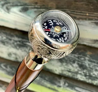 £29.99 • Buy  Classic Style Wooden Walking Stick Cane Brass Compass Handle Nickel Plated