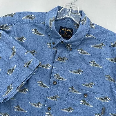 VTG Woolrich Shirt Mens Large Button Up Indigo Blue Hunting Bird Dogs All Over L • $23.62