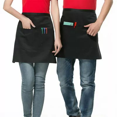 Black Short Waist Bistro Two Pocket Apron Kitchen Chef Waiter Half Waist Aprons • £2.92