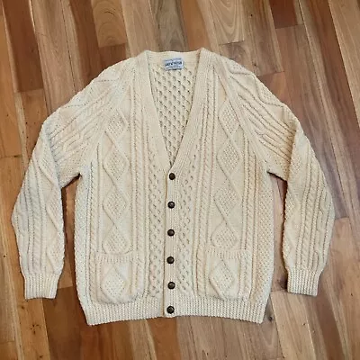 VTG Scottish Sweater Mens XL Beige Wool Chunky Cable Knit Fisherman Cardigan • $54.99