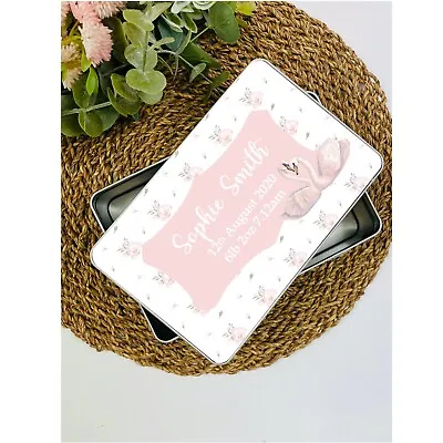 Personalised Pink Swan Baby Keep Sake Tin Memory Tin Keepsake Cute Gift Idea • £12.99