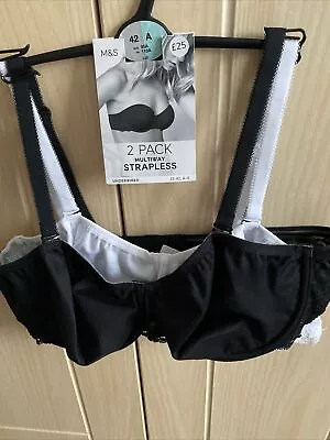 M&S Lingerie 2-Pack Multiway/Strapless Underwired Bras White/Black Size 42A New • £6.75