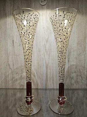 $20 • Buy Vintage Set Of 2 Pier 1 Champagne Holiday Trumpet Flutes Tall 11  Gold Filigree 