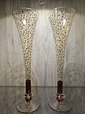$20 • Buy Vintage Set Of 2 Pier 1 Champagne Holiday Trumpet Flutes Tall 11  Gold Filigree 