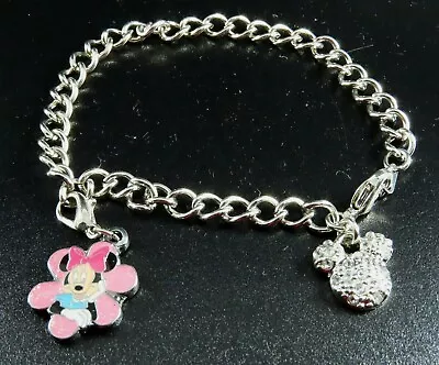 DISNEY Silver Tone MICKEY CRYSTAL CHARM BRACELET Enamel MINNIE MOUSE CHARM Pink • $6.83