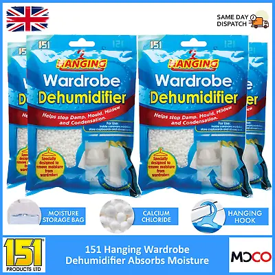 151 Hanging Wardrobe Dehumidifier Bags Caravan Mould Mildew Moisture Remover X4 • £10.49