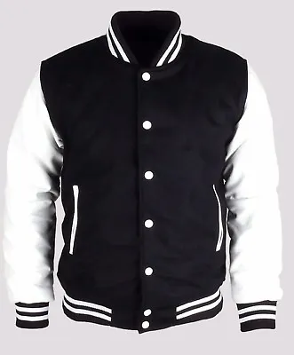 £79 • Buy Wool Black Jacket White Real Leather Sleeves Varsity Letterman College Bomber