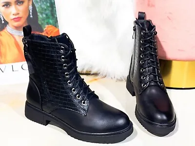 £18.99 • Buy Ankle Boots Shoes Ladies Biker Zip Lace Up Army Combat Winter Casual Womens Size