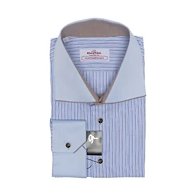 690$ LUXURY GERLIN Shirt Striped Blue  VESUVIO  Cotton 2F ZILLI • $179