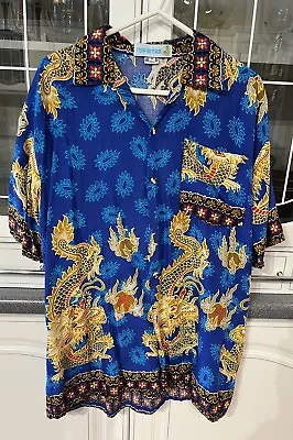 Mens Vintage Fun Wear  Dragon Short Sleeve Shirt Size Medium Blue Gold • £12.99